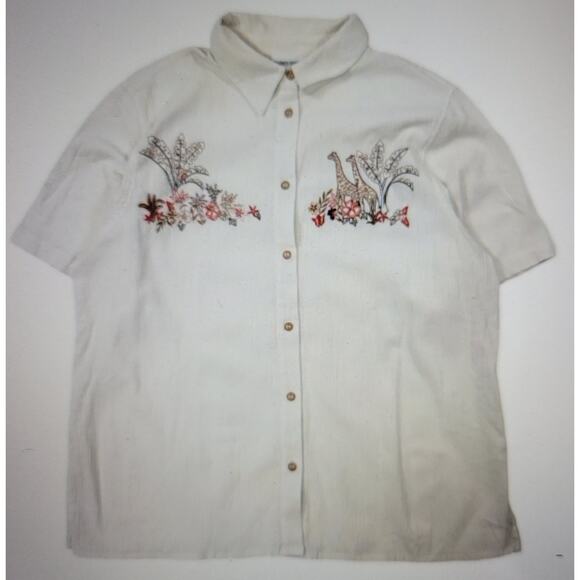 Alfred Dunner Cream Giraffe Floral Safari Embroidery Crepe Button Womens Size 14 - Picture 1 of 7